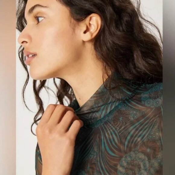 Anthropologie Mesh Turtleneck Top in Green and Black Floral Print, XS - Picture 3 of 11